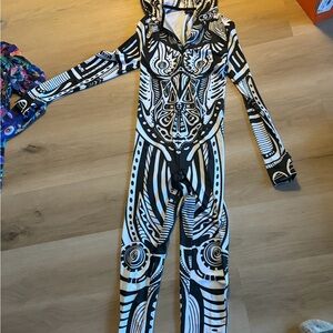EDM, Festival Hooded Badkina. Black and White Patterned Jumpsuit. Size M